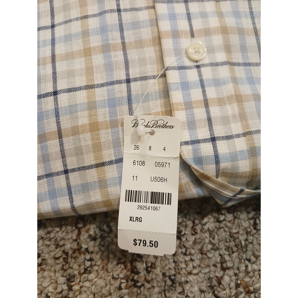 BROOKS BROTHERS Irish Linen Plaid LS Button Down Shirt Sz Xl White/Blue/Tan NEW - Picture 6 of 9